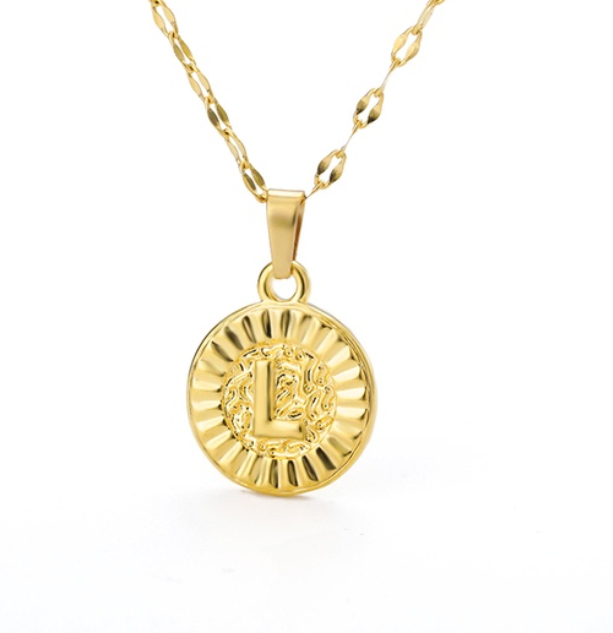 Maxzone A-Z Initial Round Letter Pendant Necklace For Women Stainless Steel Gold Choker Coin Letter Necklace L
