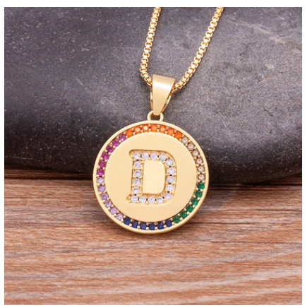 New Arrival Luxury A-Z Initial 26 Letters Pendant Charm Chain Necklaces High Quality Zircon Rainbow Jewelry D