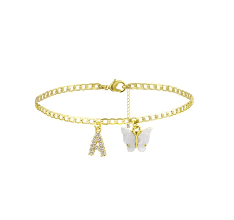 Fation Dainty Butterfly Initial Ankle Bracelets Handmade Cuban Chain White Butterfly A-Z Alphabet Letter Initial Anklets Summer Beach A
