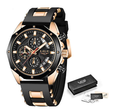 LIGE Multi Function Watch Men Silicon Strap Chronograph Date Waterproof Sports Wrist Watch ROSEGOLD