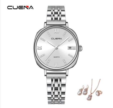 CUENA Original Women Watches Stainless Steel Waterproof Unique Creative Small Dial Fashion Casual Business Sports Quartz Analog Watch SILVER WHITE