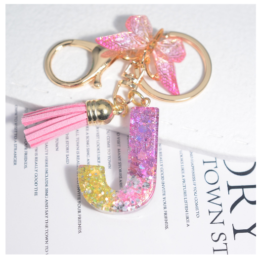 Glitter Sequin Filled 26 Letter Keychain With Tassel Exquisite Butterfly A-Z Alphabet Keyrings Women Bag Pendant Ornaments Gifts J