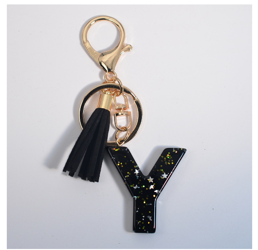 Black A-Z 26 Letter Key Chain Fashion Star Sequin Filled Initials Keyrings For Women Bag Ornaments Charm Car Key Holder Gifts Y