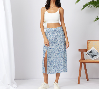 Lovito Casual Ditsy Floral Split Thigh Women Skirts L21AS029 Blue