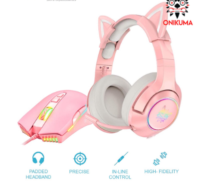 Onikuma CW905 Wired RGB Gaming Mouse with Onikuma K9 Gaming Headset with Removable Cat Ears
