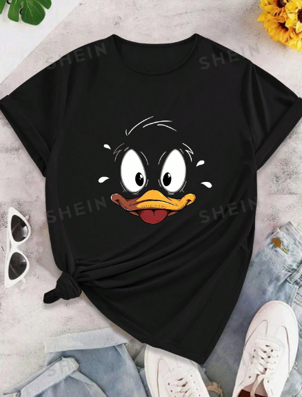 SHEIN Essnce Funny Duck Print T-Shirt, Women's Plus Graphic Tee Short Sleeve Round Neck Casual Top Slight Stretch Comfy Sports T-Shirt For Summer Outdoor Fitness Activities Clothes