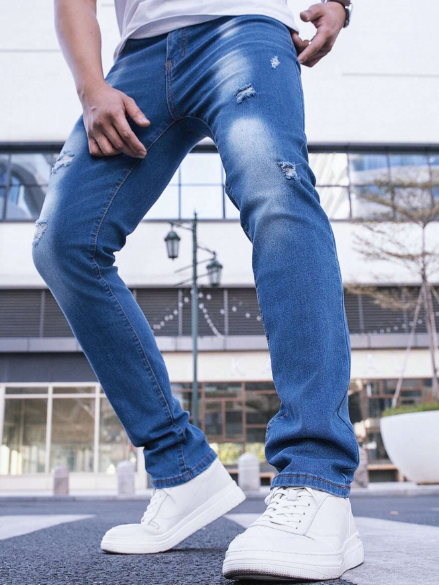 Manfinity Homme Men'S Washed Distressed Denim Pants