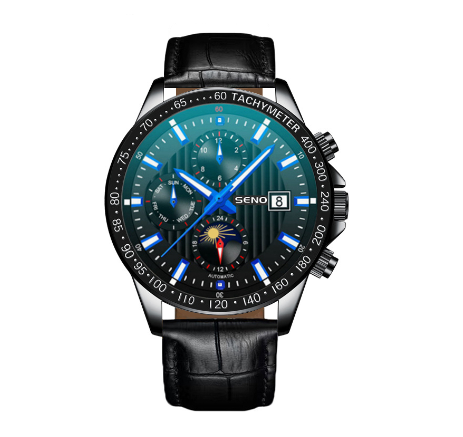 SENO Quartz Watch For Men Luminous Pointer Waterproof Wristwatch 42mm Big Dial Watches BLUE LEATHER