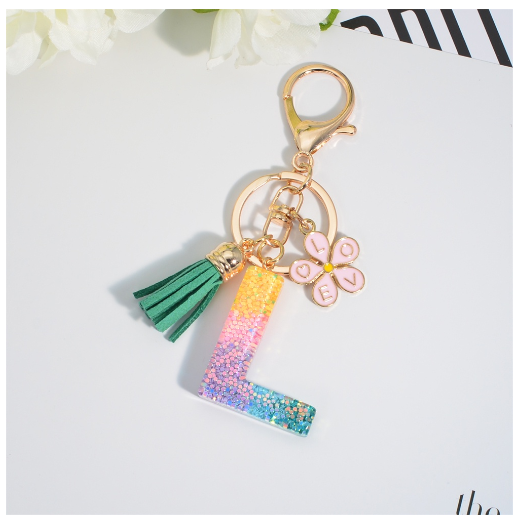 Fashion 26 Letter Resin Keychain A-Z Round Sequins Filled Alphabet Flower Pendant Keyring with Tassel Bag Ornament Accessories L