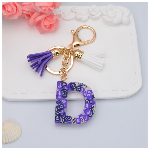 New 26 Letters Constellation Symbol Slice Resin Keychain Charms Women Handbag Ornaments With Tassel Key Ring Accessories Gift D