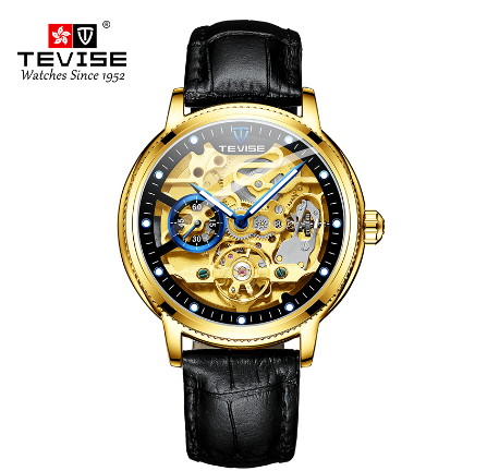 TEVISE Automatic watch for men Gold Luxury Skeleton Mechanical Watches waterproof Luminous Tourbillon Leather strap Men Watch 3