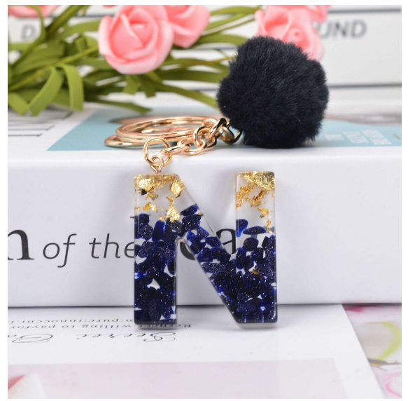 Lanfy Black Pompom Letter Keychain 26 Letter Initials Alphabet A To Z 26 Alphabet Keyring Cute A To Z 26 Black Pompom Resin Birthday Gifts N