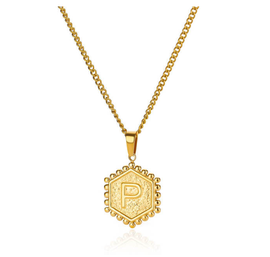 Fashion Hexagon A-Z Letter Necklaces For Women Stainless Steel Initial Hexagon Pendant Necklace P