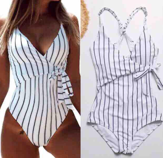 Stay Young Stripe One Piece Swimsuit Wrap Around Vertical Stripe Classy Monokini Tie Front Swimwear