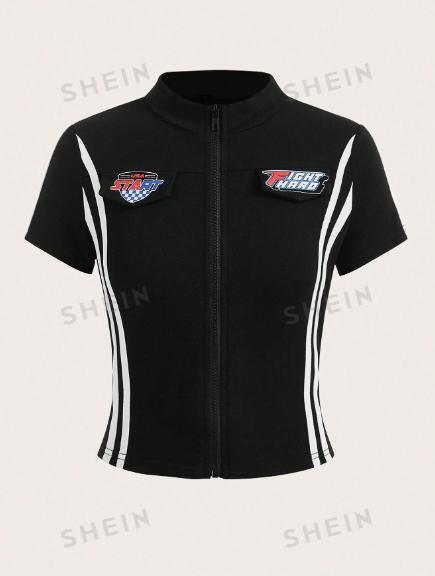 SHEIN EZwear Letter Graphic Striped Side Zip Up Crop Tee