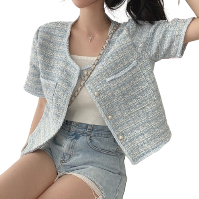 Lovito Elegant Plain Pocket Round Neck Short Sleeves Coats for Women LNE04135 (Blue)