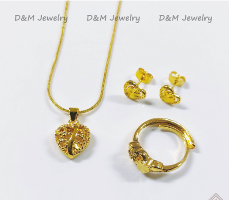 D&M 18k Gold Heart Necklace Earring Adjustable Ring 3in1 Jewelry Set for Women Birthday Gift