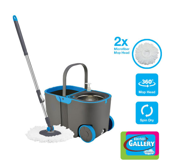 Home Gallery Tornado Mop and Spin-Dry BIG Bucket W/ Wheels Set Gray with 2 Microfiber Mop Heads