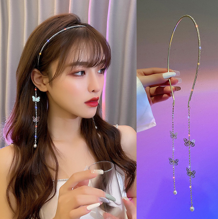 Rhinestone Tassel Thin Headband Women Diamond Crystal Pearl Hair Band Hair Accessories