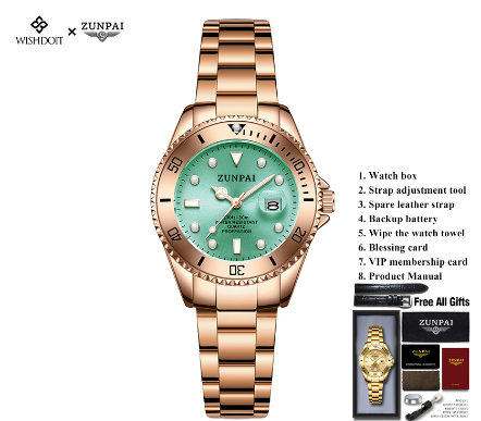 ZUNPAI Watch for Woman Original Waterproof Stainless Steel Silver Gold Business Fashion Trend Luminous Calendar Women Watch ROSEGOLD GREEN