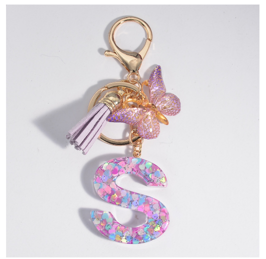 Sweet Heart Sequin Filled A-Z Letter Keychains With Tassel Fashion Butterfly 26 Alphabet Keyring Car Keyholder Birthday Gifts S