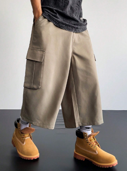 Manfinity Hypemode Men's Young Casual Cargo Loose-Fit Khaki Seven-Eighth Pants With Pockets ,Khaki Pants ,Cargo Men Pants ,Baggy Pants