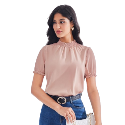 Lovito Women Smocked Lettuce Trim Blouse LBE03076 (Pink)