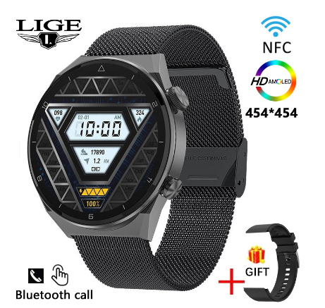 Original LIGE NFC Access Control Smart Watch AMOLED 454*454 IPW8 WaterProof SmartWatch Men Bluetooth Calling Sports Watch  MESH BLACK