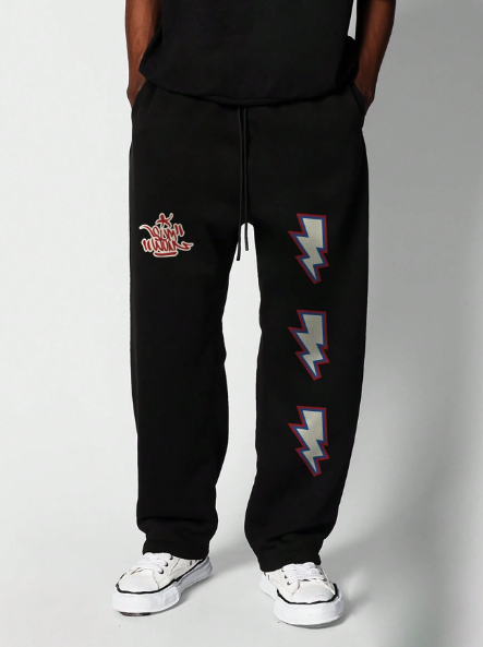 SUMWON Drop Crotch Jogger With Thunder & Letter Graphic Print