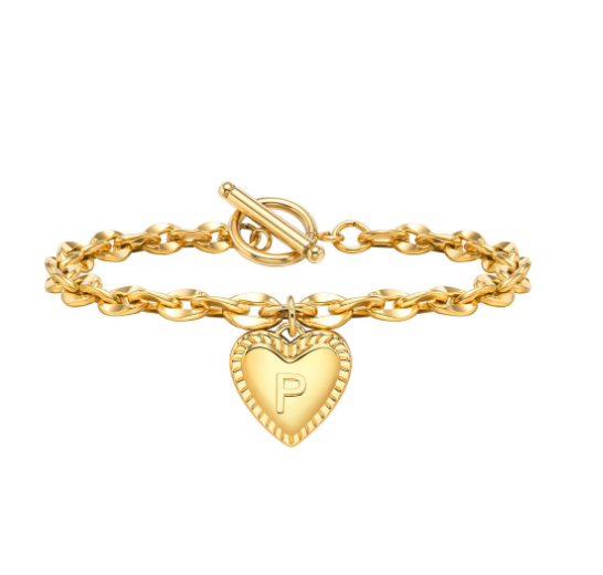 Vnox A-Z Letter Heart Charms Bracelet for Women Girl 18K Gold Elegent Love Stainless Steel Link Chain Initial Jewelry Birthday Present P
