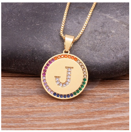 New Arrival Luxury A-Z Initial 26 Letters Pendant Charm Chain Necklaces High Quality Zircon Rainbow Jewelry J
