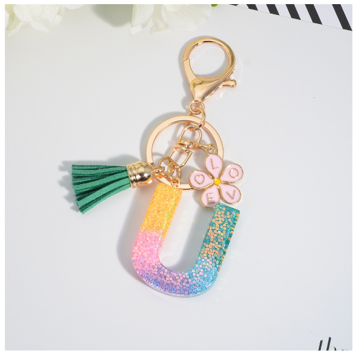 Fashion 26 Letter Resin Keychain A-Z Round Sequins Filled Alphabet Flower Pendant Keyring with Tassel Bag Ornament Accessories U