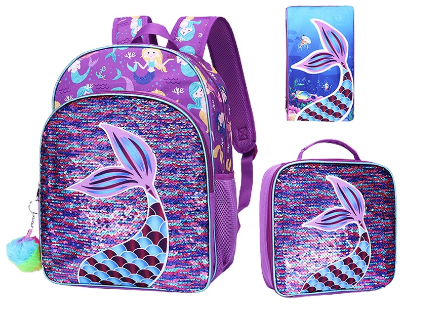 3Pcs Mermaid Backpack For Girls Sequin Prechool Elementary Pencil Case And Lunch Bag