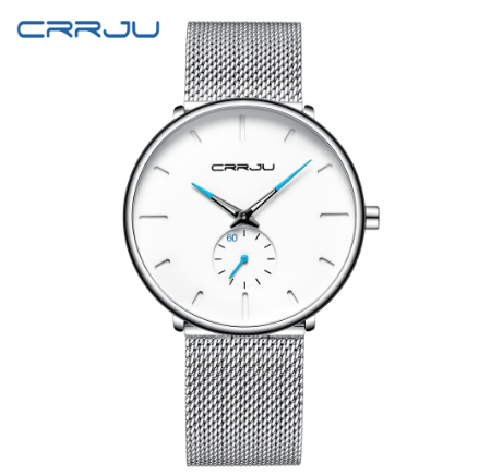 CRRJU Fashion Mens Watches Top Brand Luxury Quartz Watch Men Casual Slim Mesh Steel Waterproof Sport Watch 2150X SILVER WHITE