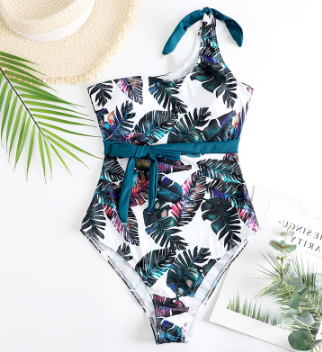 Tropical One Shoulder Women One Piece Swimsuit 2022 Belt Tummy Control Swimwear Female Monokini