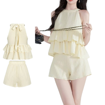 Lovito Women Elegant Plain Ruffle Hem Tie Back Shorts Sets L68ED341 (Top/Sets/Shorts)