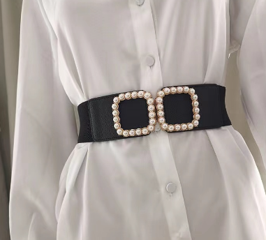 Women Elastic Belt Square Pearl Buckle Wide Waist Belts Stretch Dress Waistband GM152