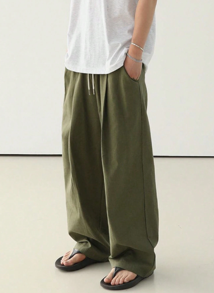 Manfinity Hypemode Men's Loose Fit Casual Long Pants With Green Drawstring Waistband