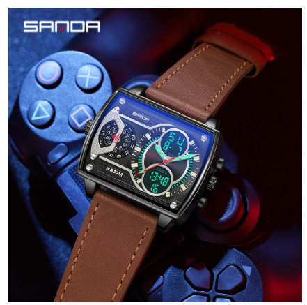 Sanda Multi-function Three Time Zone Luminous Digital LED Display Watch Successful Men Will Burst Out Charm Quartz Watch COFFEE BLACK