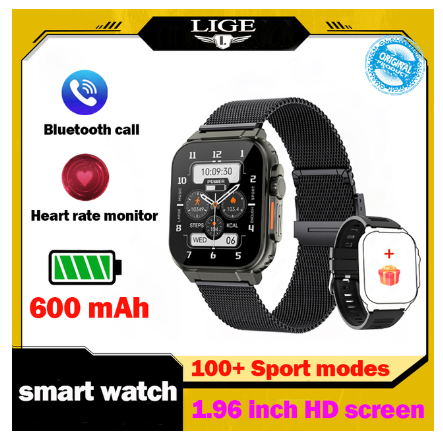 LIGE Call Smart Watch Men 1.96 Inch Full Touch 600mAh Battery Watch Sport Waterproof Fitness Support Recording Connect Music Watch MESH BLACK