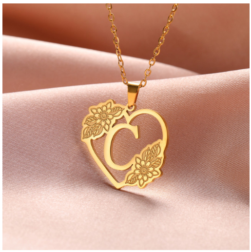 A-Z Initial Flower Necklace Women Stainless Steel Letter Heart Pendant Necklace Choker C