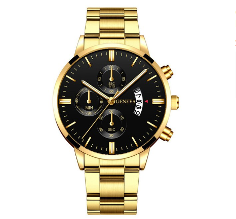 GENEVA Luxury Silver Mens Stainless Steel Analog Watches Mens Three Eyes Calendar Quartz Business Wristwatch Men Watch WHITE GOLD BLACK