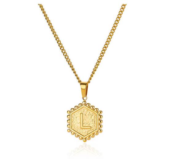 Fashion Hexagon A-Z Letter Necklaces For Women Stainless Steel Initial Hexagon Pendant Necklace L
