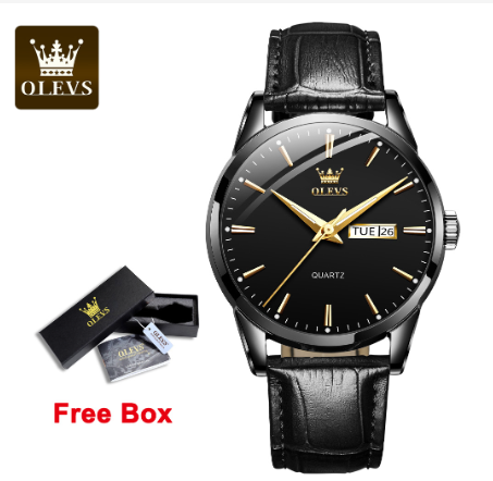 Olevs Watch For Men Waterproof Leather Strap Original Fashion Quartz Luminous Business Calendar Men's Watches ALL BLACK
