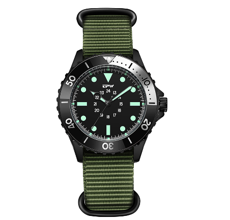 TPW Diver Style Field Watch 40mm Case 24 Hours Dial Rotating Bezel Fabric Strap Wrist Watch GREEN