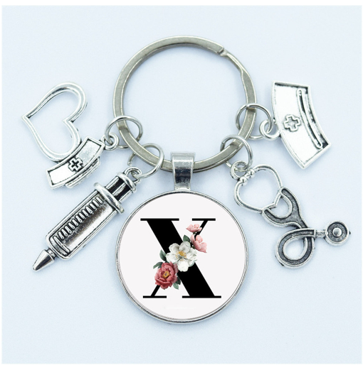 1Pcs Creative Stethoscope Syringe 26 Letter Keychains Nurse Cap Initials Metal Keyrings Bag Ornaments Charms Gifts Souvenir X