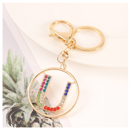 Colorful Rhinestone A-Z Letter Keychain Hollow Round Initials Alloy Keyring Bag Pendant Ornament DIY Accessories Charms Gift U