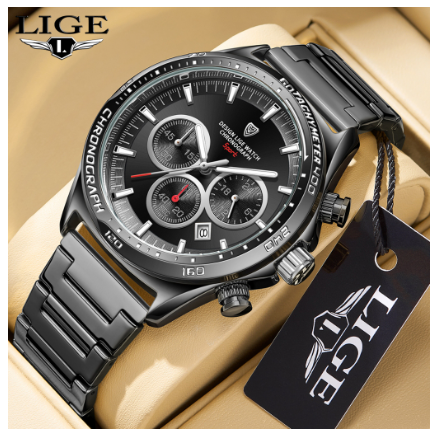 LIGE Men Original High Quality Stainless Quartz Wristwatches Waterproof Chronograph Unique Design Watch ALL BLACK