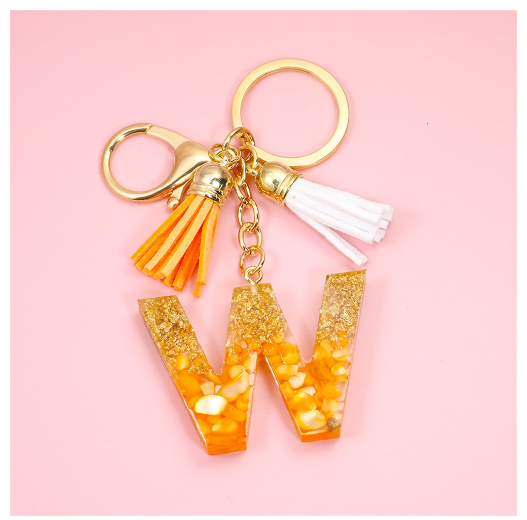 Tassel Gold Foil A-Z 26 Letter Pendent Keychain for Women Orange Resin Keyrings Girls Bag Ornamant Accessories Charms Gifts W
