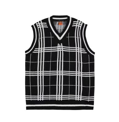 Sweater V-Neck Checked Preppy Style Loose Waistcoat